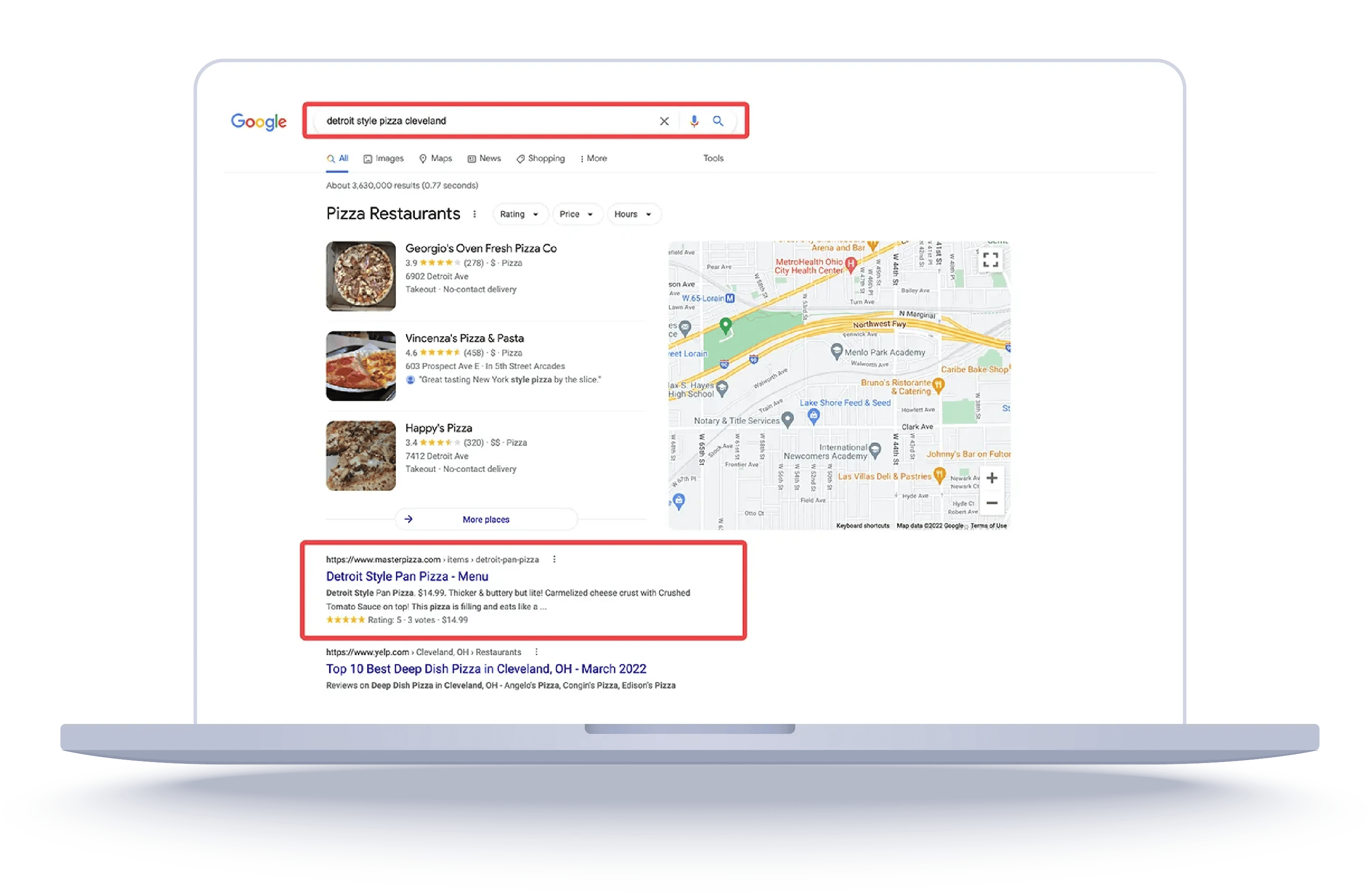 Google search results for “detroit style pizza cleveland” showing Master Pizza’s menu page ranking in the top results