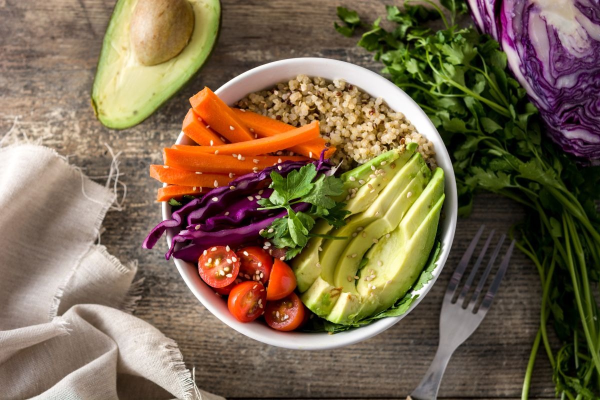 Overhead photo of a healthy quinoa and avocado bowl