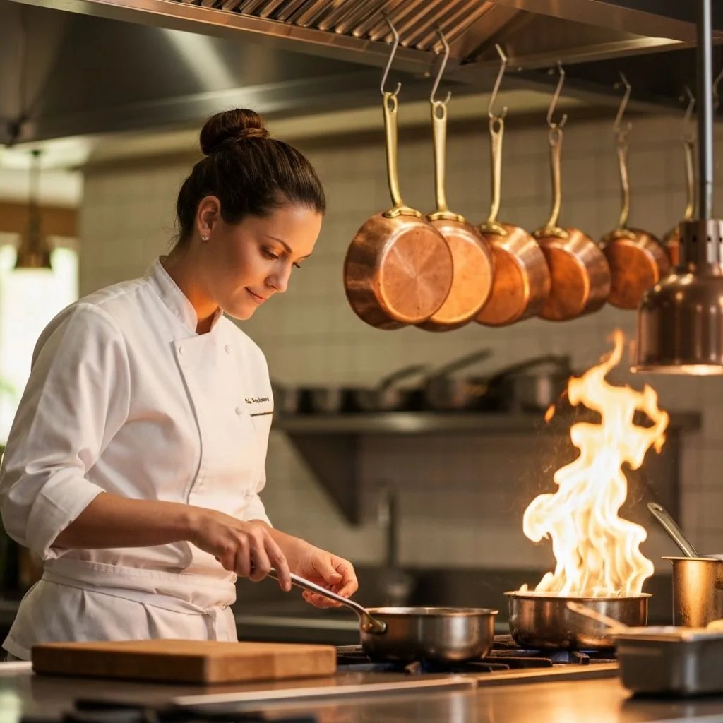 A chef in kitchen whites cooking at the stove as a pan flares up, with copper pans hanging overhead