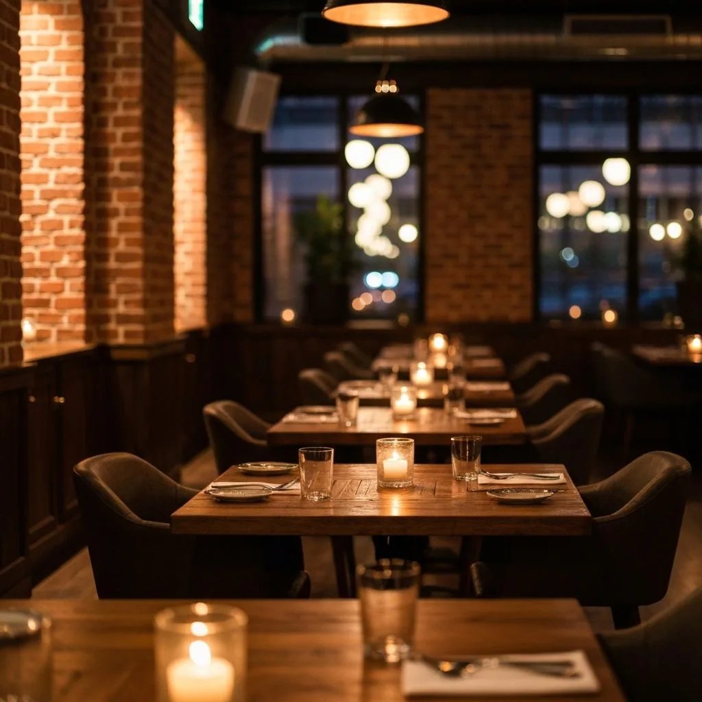 Lift Bistro's dining room in the evening: candlelit wooden tables under pendant lights, with exposed brick walls and tall windows