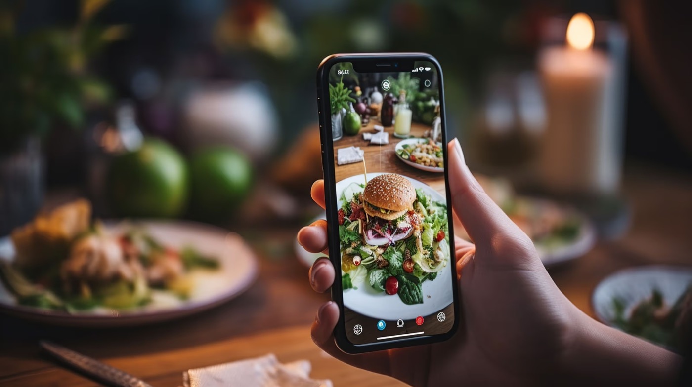 A guest photographing their plated dish on a smartphone at a candlelit restaurant table