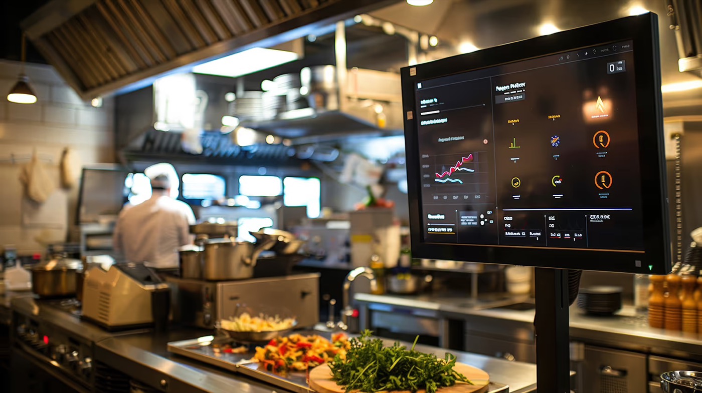 A restaurant kitchen with a screen displaying a waste and operations analytics dashboard