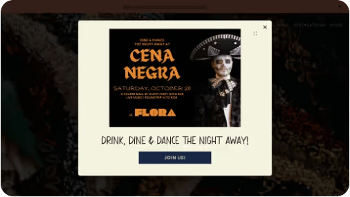 A "Cena Negra" Halloween party promotional graphic for Flora Mexican Kitchen