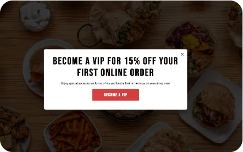 A "Become a VIP for 15% off your first online order" promotional graphic