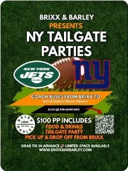 A Brixx & Barley NY Jets tailgate party promotional graphic