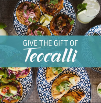 Tacos on patterned plates with "Give the Gift of Teocalli" text overlaid