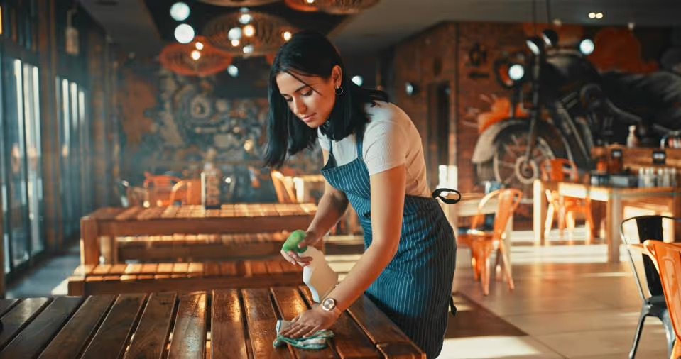 A restaurant employee wiping down tables in the dining room