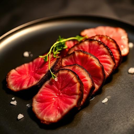 Sliced seared wagyu steak on a dark plate