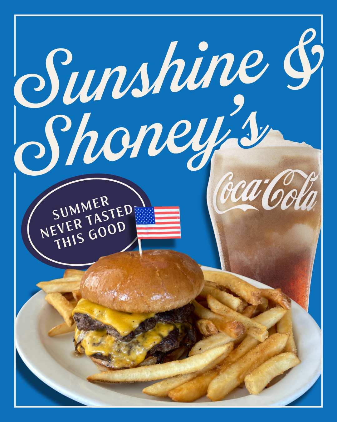 Social media promo graphic for Shoney's featuring a cheeseburger, fries, and Coca-Cola