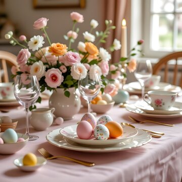 Pastel Easter table setting with painted eggs, promoting the Easter Brunch ordering event