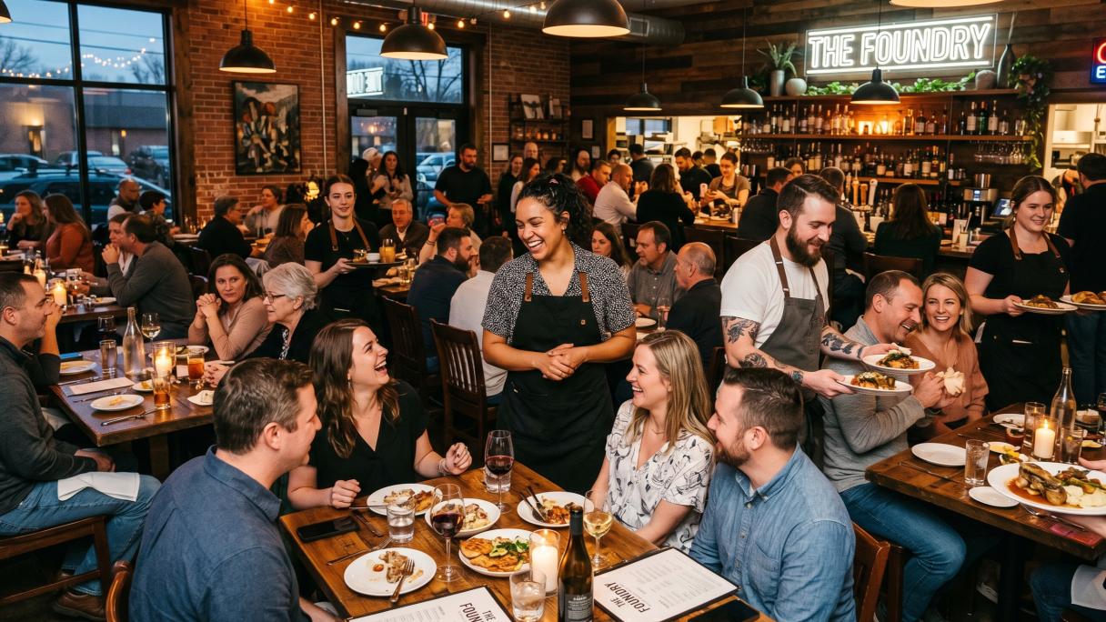 Diners laughing with their servers in a busy, candlelit restaurant