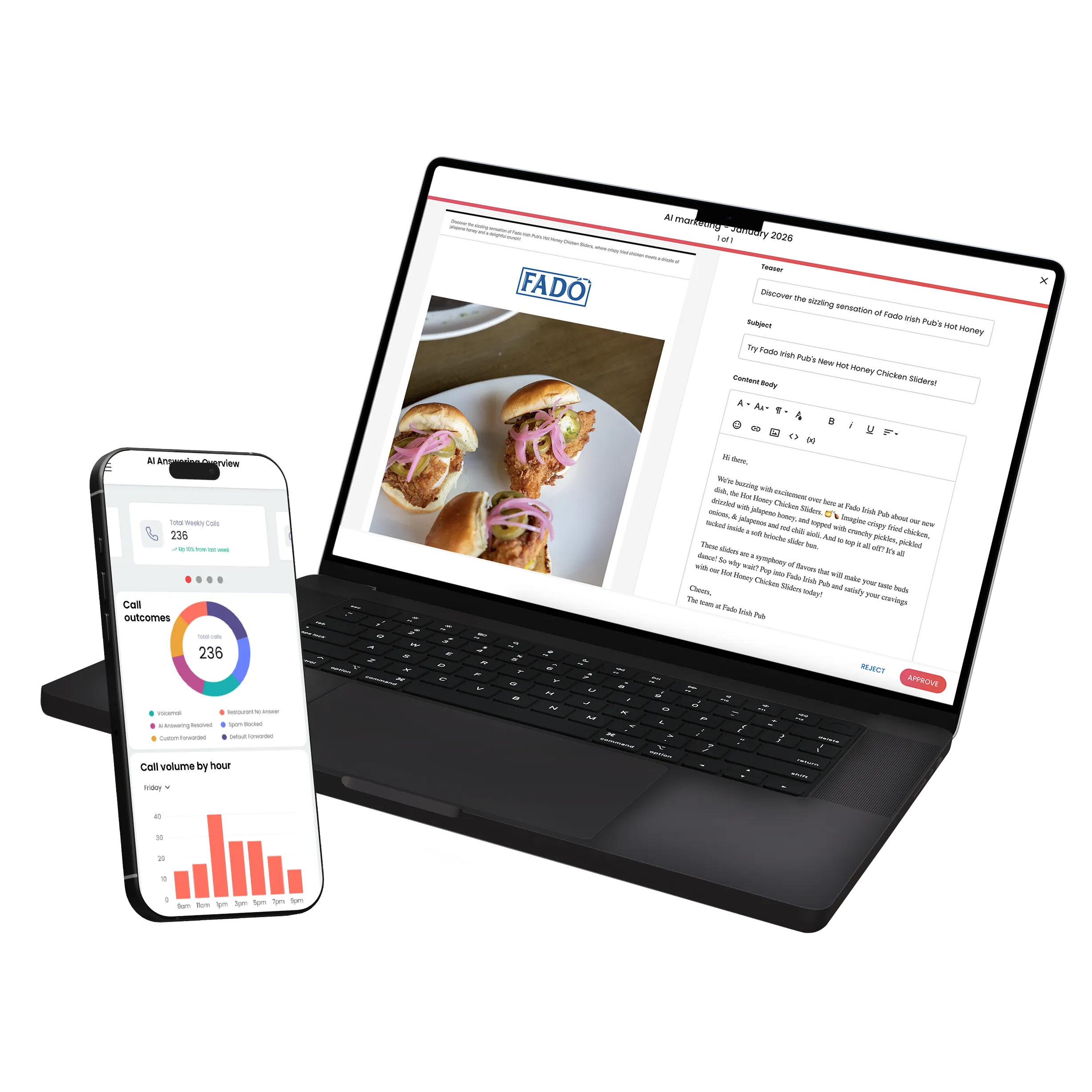 Black laptop displaying an email draft with a photo of three chicken sliders on a white plate, alongside a smartphone showing call analytics including a pie chart and bar graph.