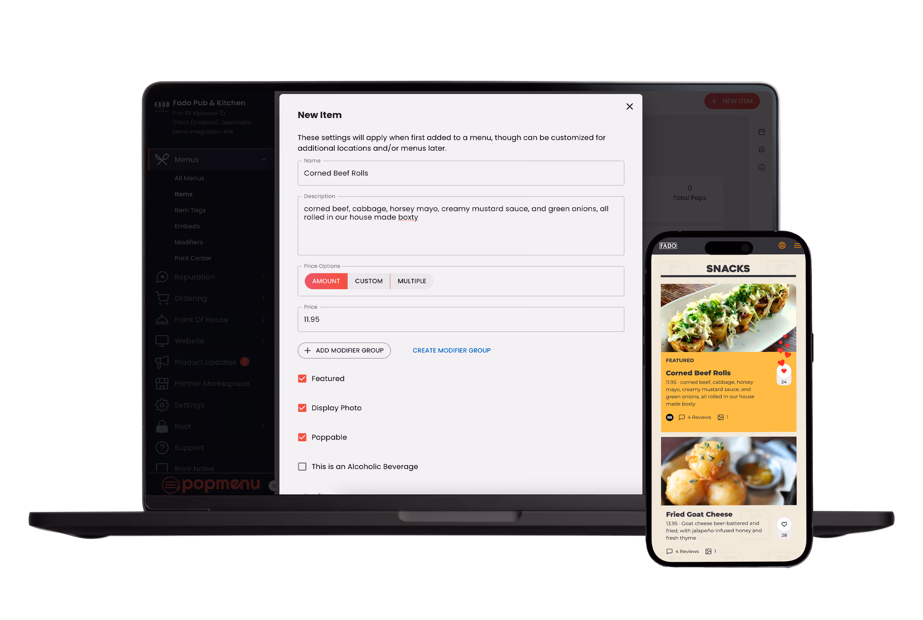Laptop screen showing a menu item creation form for editing dish details.