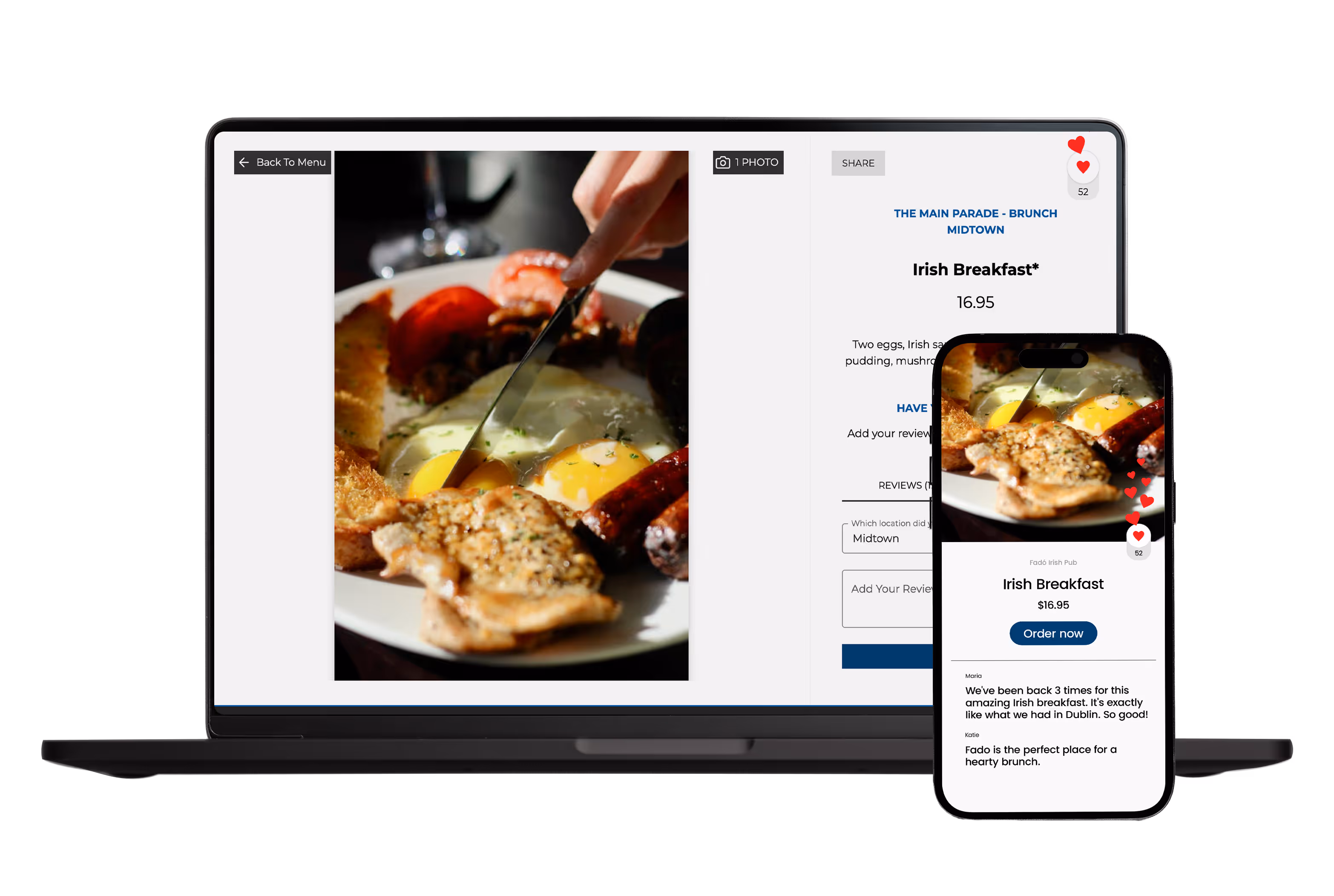 Interactive menu displayed on laptop and smartphone showing a dish with photos, reviews, and order options.