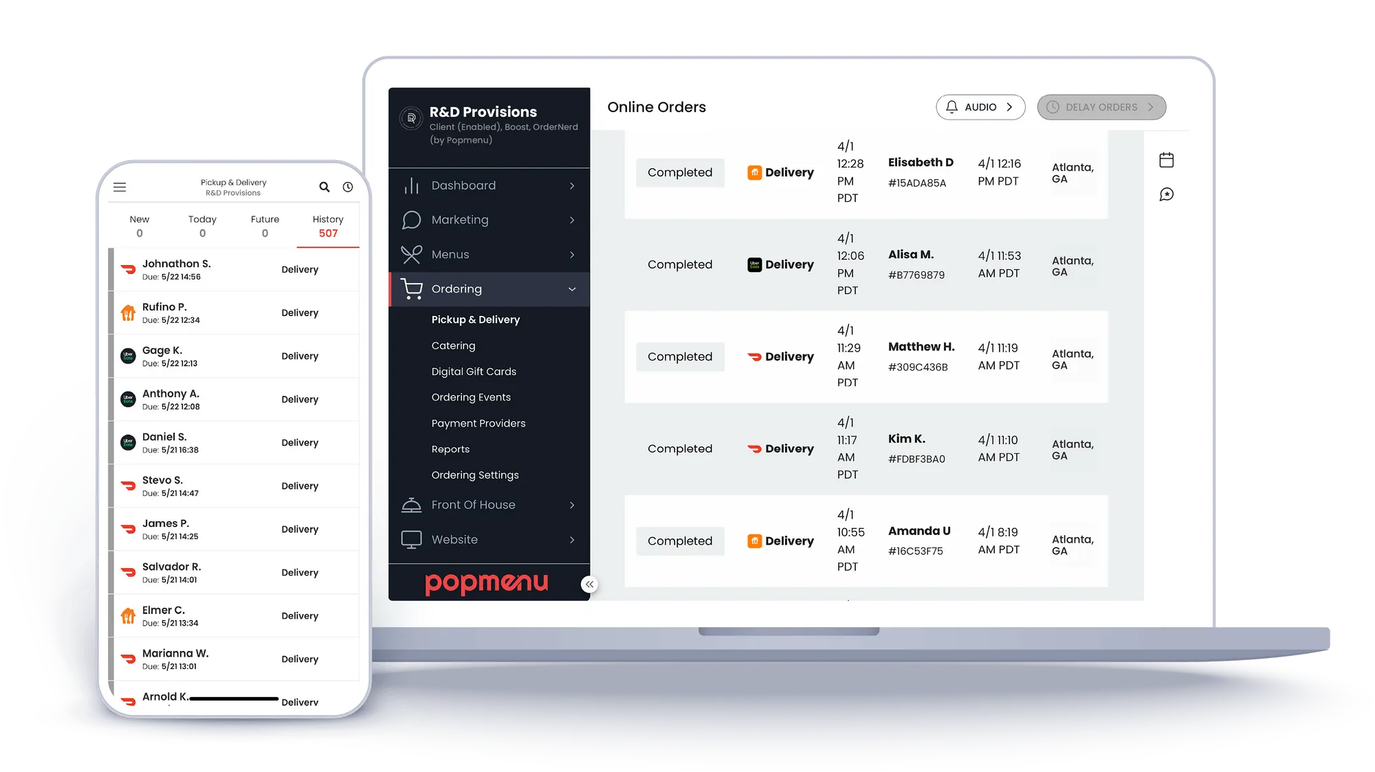 Laptop and smartphone screens showing online order management interface with delivery statuses.