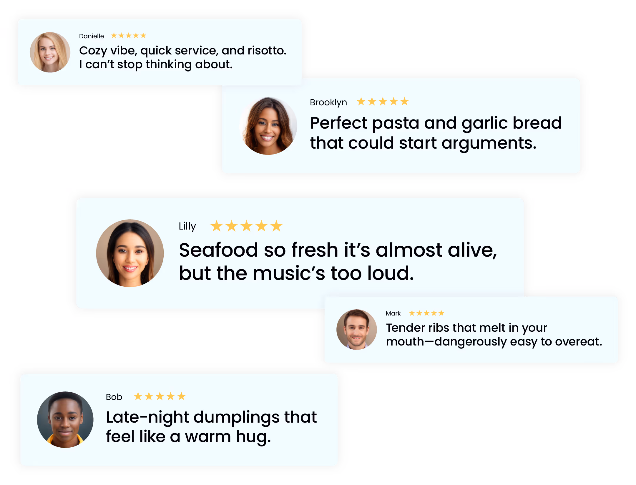 Reviews dashboard panel showing restaurant ratings and recent guest reviews.