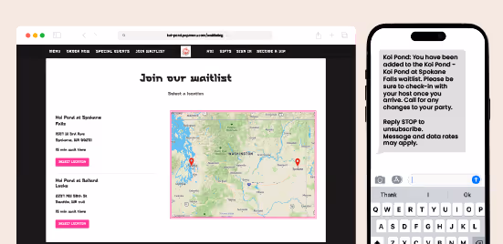 Waitlist webpage for a restaurant with location options, a map, and a phone screen showing SMS confirmation of waitlist addition.