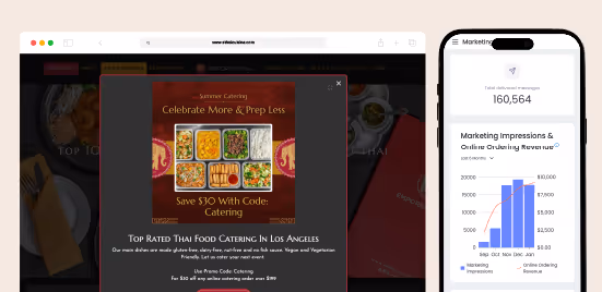 Website popup showing summer catering promotion with Thai food trays and discount code, alongside a mobile screen displaying marketing metrics and online ordering revenue chart.