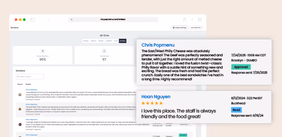 Online review dashboard showing customer reviews with dates, locations, and review statuses.