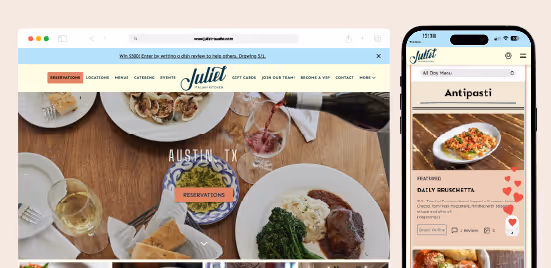 Restaurant website homepage showing a dining table with food and wine being poured.