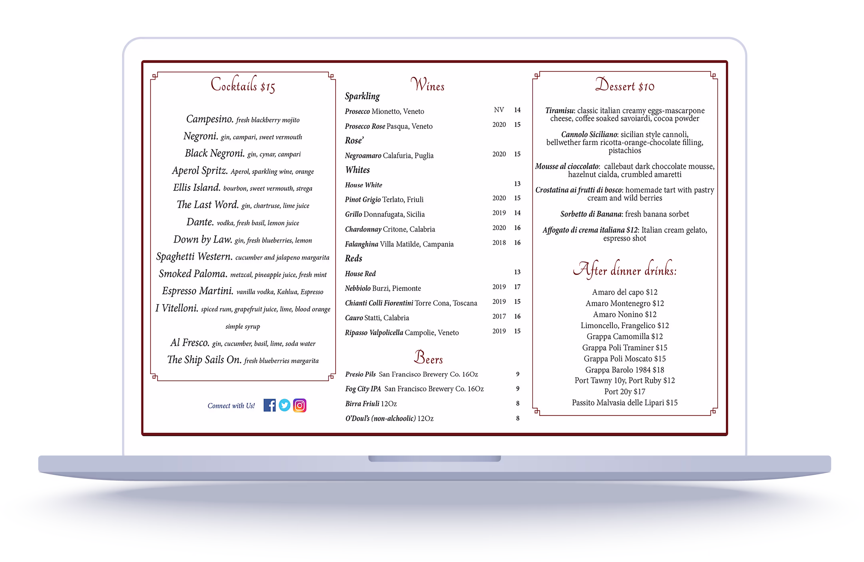 Example of a static PDF menu that is hard to read and lacks photos